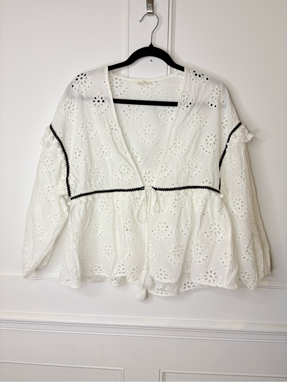 Adiva White Eyelet babydoll top with Pom poms and Black Band Detail